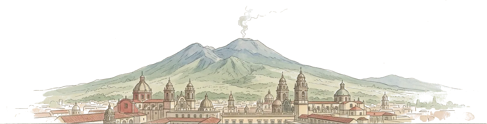 Illustrazione ad acquerello dei tetti e delle cupole barocche di Catania, con l’Etna che fuma alle spalle.