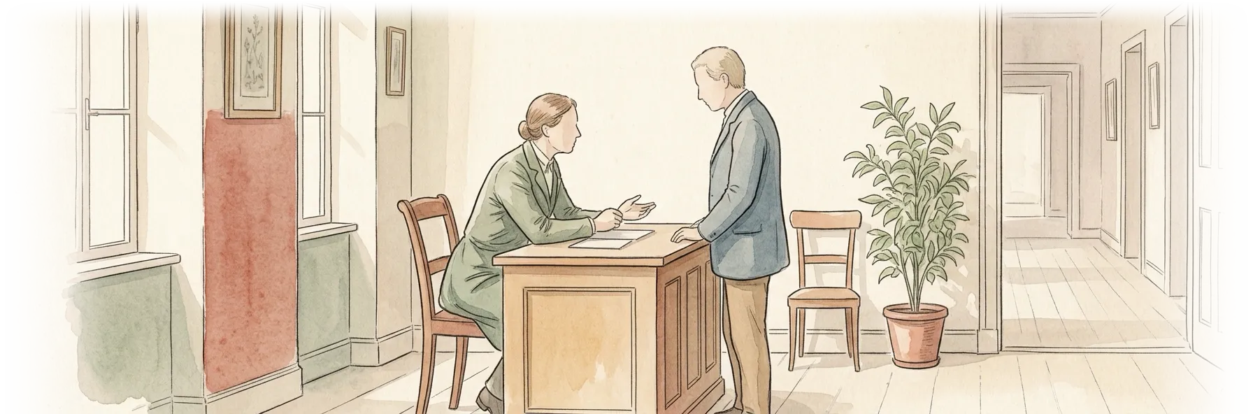 Watercolour illustration of a wooden desk in a plain bright room: someone seated behind it talking with someone standing in front; windows and framed pictures to the left, a potted plant and a corridor to the right.