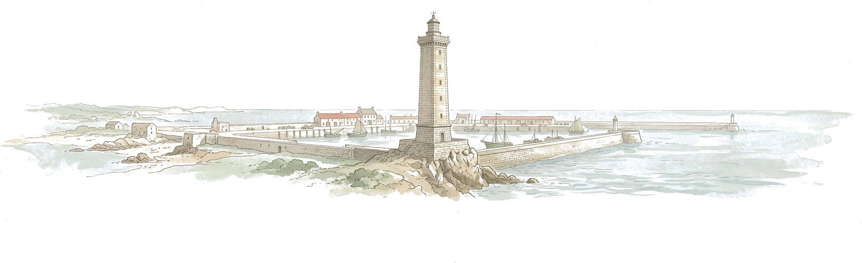 Illustrazione ad acquerello di un faro di pietra sulla scogliera, col porto e i moli che si allungano nel mare.