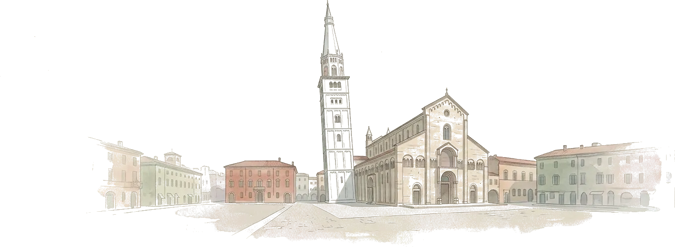 Illustrazione ad acquerello del duomo di Modena con la torre Ghirlandina, alta e slanciata, sulla piazza.