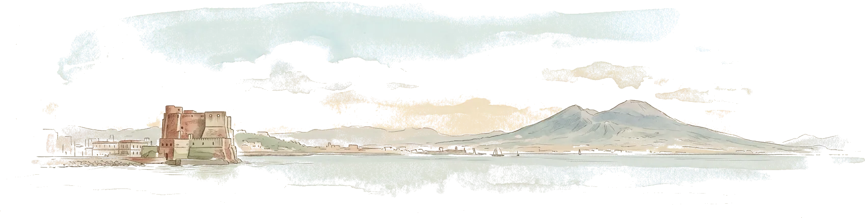Illustrazione ad acquerello del golfo di Napoli: un castello sul mare a sinistra e il Vesuvio all’orizzonte.