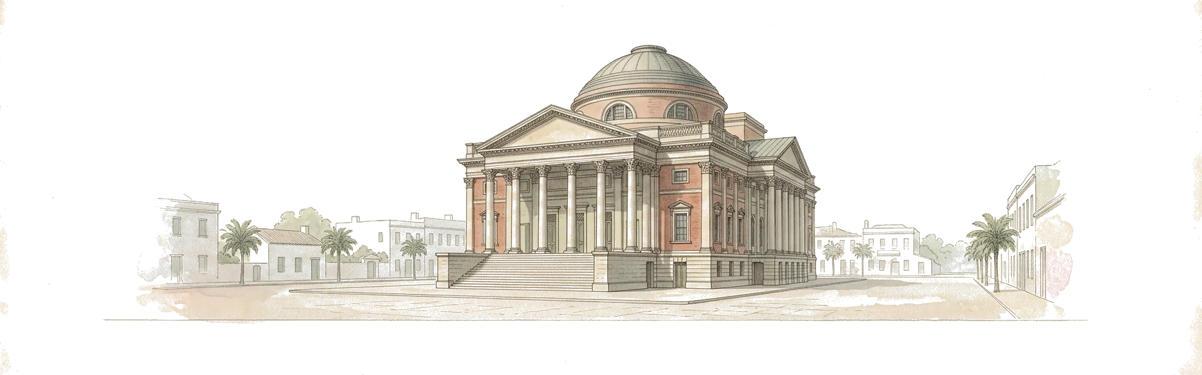 Illustrazione ad acquerello del Teatro Massimo, con la cupola, il portico colonnato e le palme della piazza.