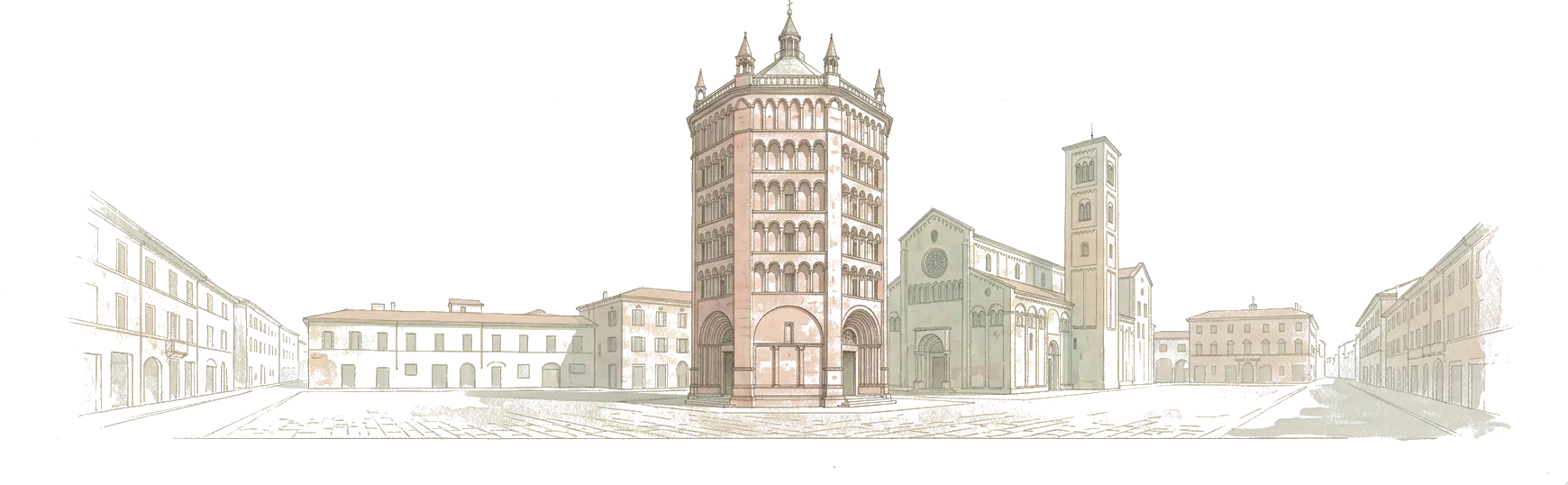 Illustrazione ad acquerello del battistero ottagonale di Parma in marmo rosa, col duomo e il campanile accanto.