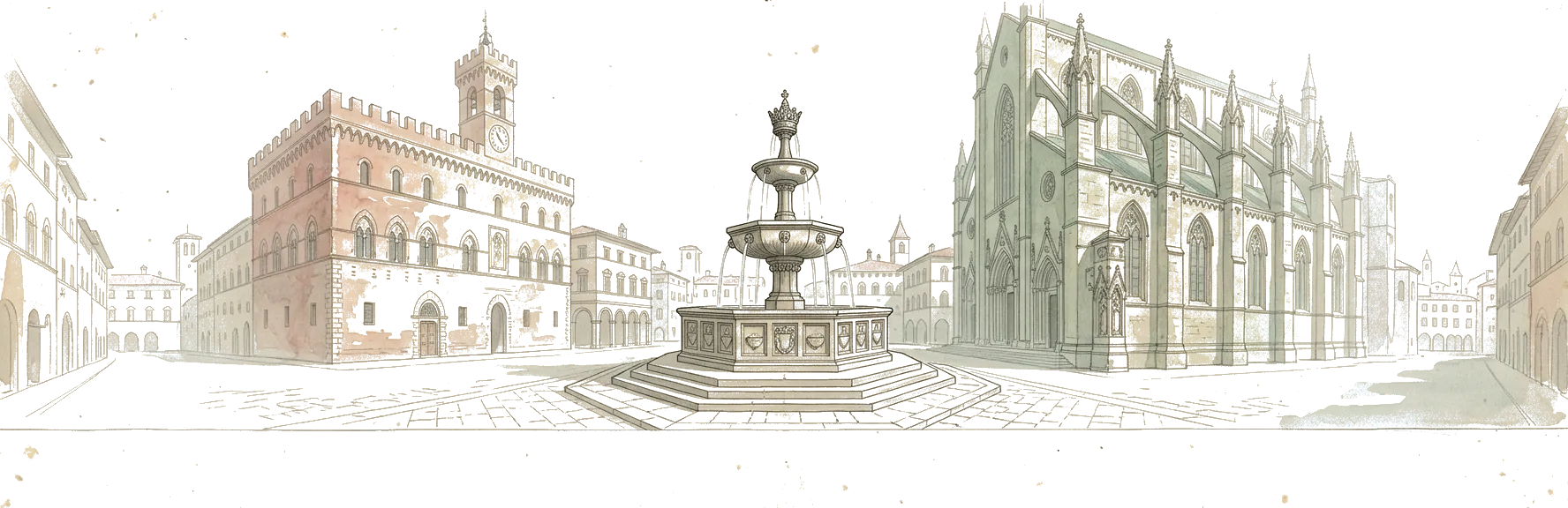 Illustrazione ad acquerello di una piazza con la fontana a vasche sovrapposte, il palazzo comunale merlato e la chiesa gotica di fronte.