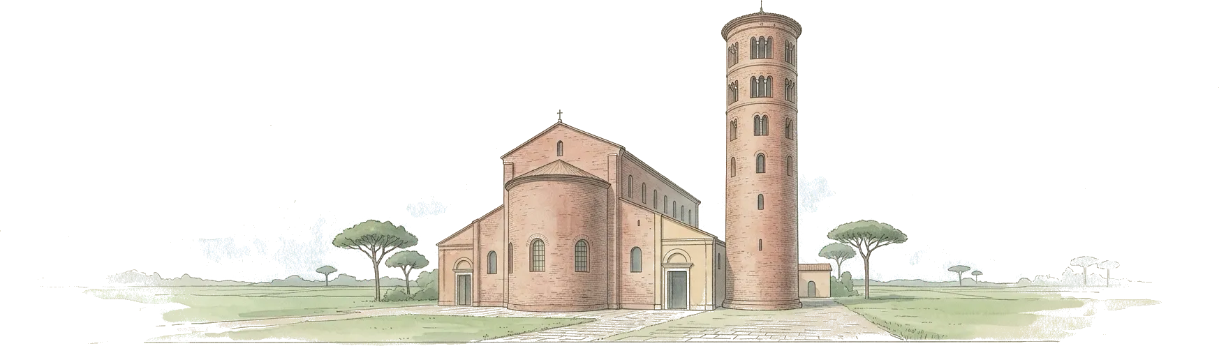 Illustrazione ad acquerello di una basilica di mattoni con l’abside rotonda e il campanile cilindrico, fra i pini della campagna.