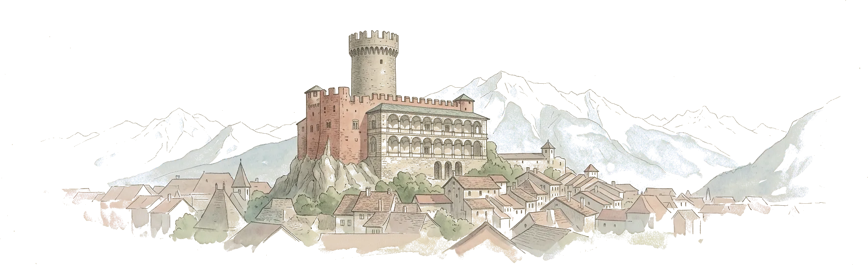 Illustrazione ad acquerello di un castello con la torre cilindrica merlata e il loggiato, sopra i tetti e sotto le montagne innevate.