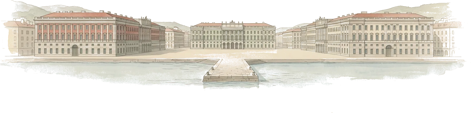 Illustrazione ad acquerello di piazza Unità a Trieste, aperta sul mare, coi palazzi sui tre lati e il molo che entra nell’acqua.