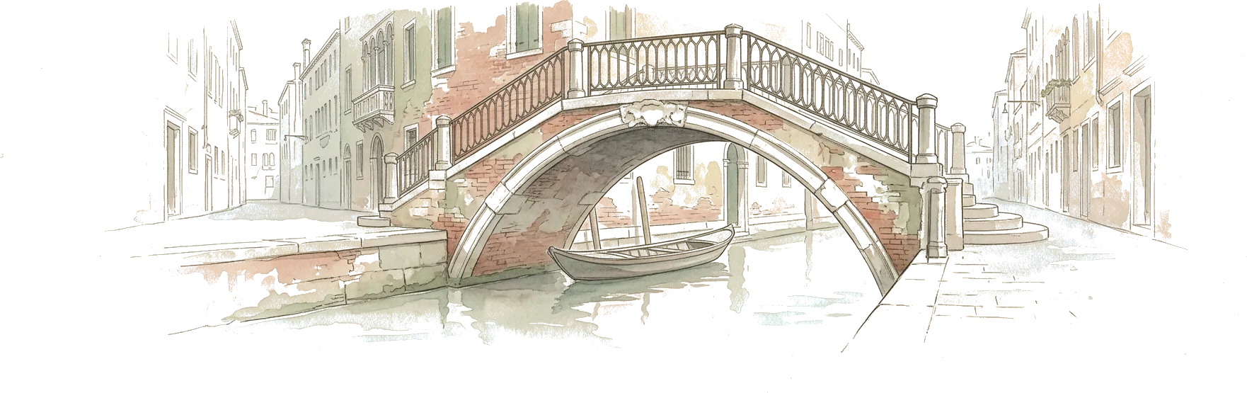Illustrazione ad acquerello di un ponte di pietra su un canale veneziano, con una barca ormeggiata sotto l’arco.